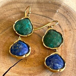 Genuine 14K gold Lapis and Green Onyx double drop earrings.